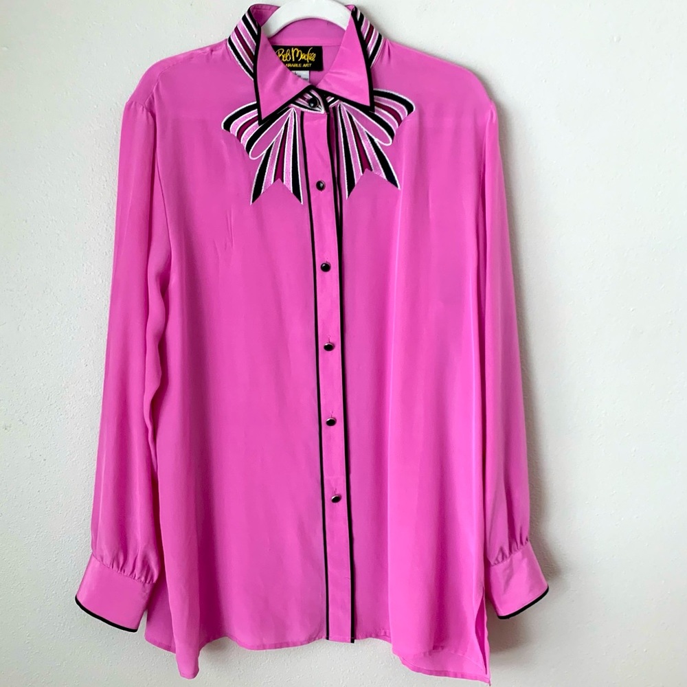 Bob Mackie Hot Pink Vintage Embroidered Blouse 100% Silk - Wearable Art
